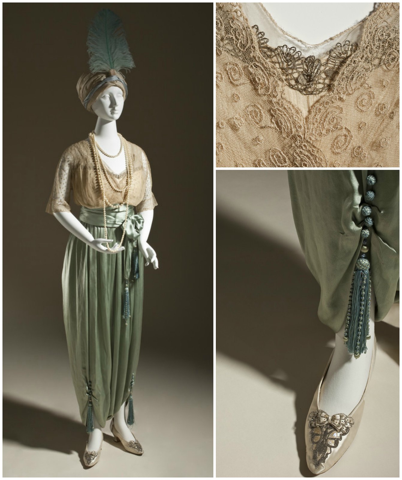 1913. Woman's Lounging Pajamas. Callot Soeurs. Silk net (tulle) and silk satin (charmeuse) with metallic-thread passementerie and silk tassels. Credit LACMA.
