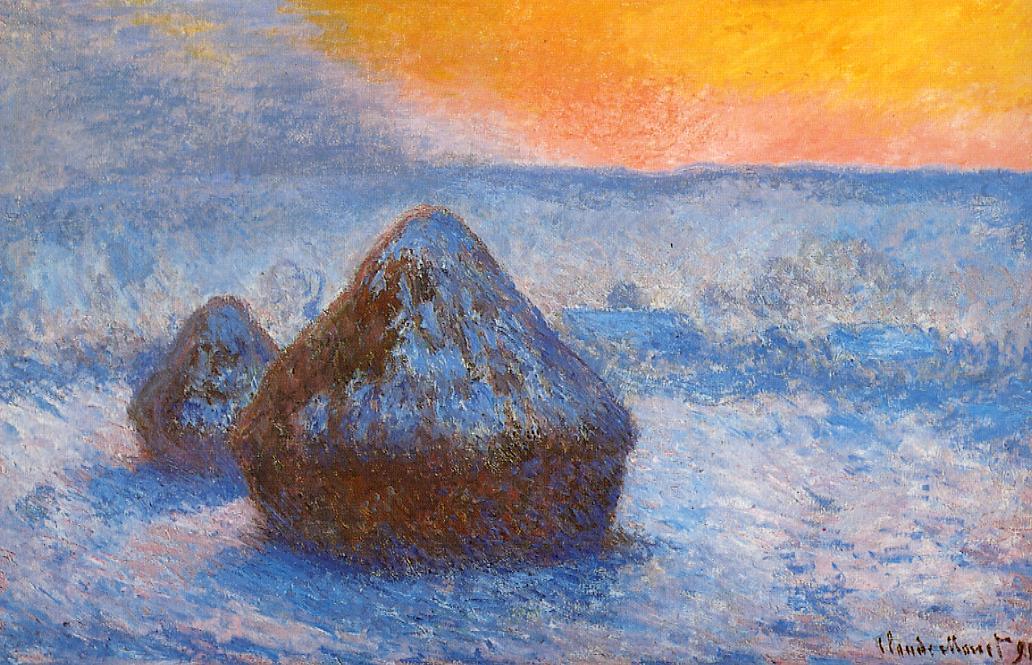 Grainstacks at Sunset, Snow Effect by Claude Oscar Monet - 1890-1891