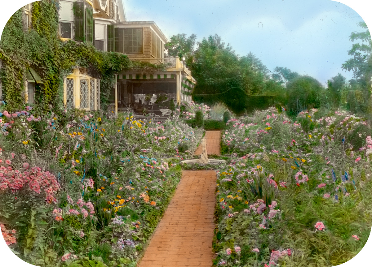 'Gardenside,' Frederick Augustus Snow house, Ox Pasture Road, Southampton, New York. View north to flower garden