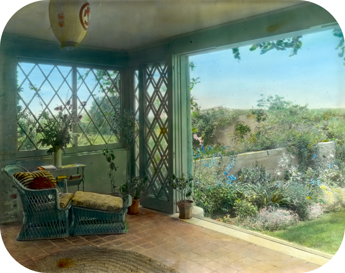 'Gray Gardens,' Robert Carmer Hill house, Lily Pond Lane, East Hampton, New York. Sun-room overlooking walled garden