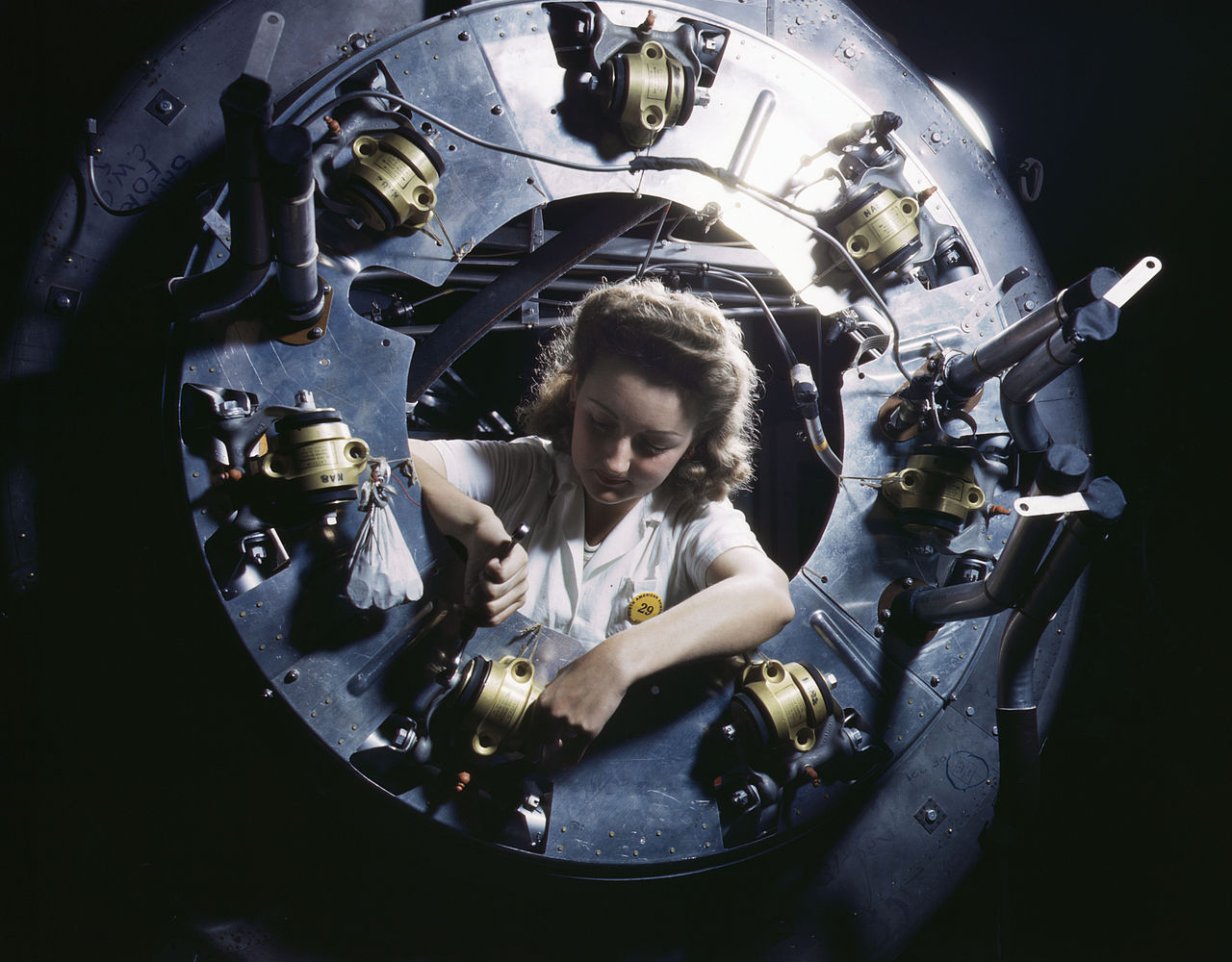 Part of the cowling for one of the motors for a B-25 bomber is assembled in the engine department of North American Aviation's Inglewood, Calif., plant