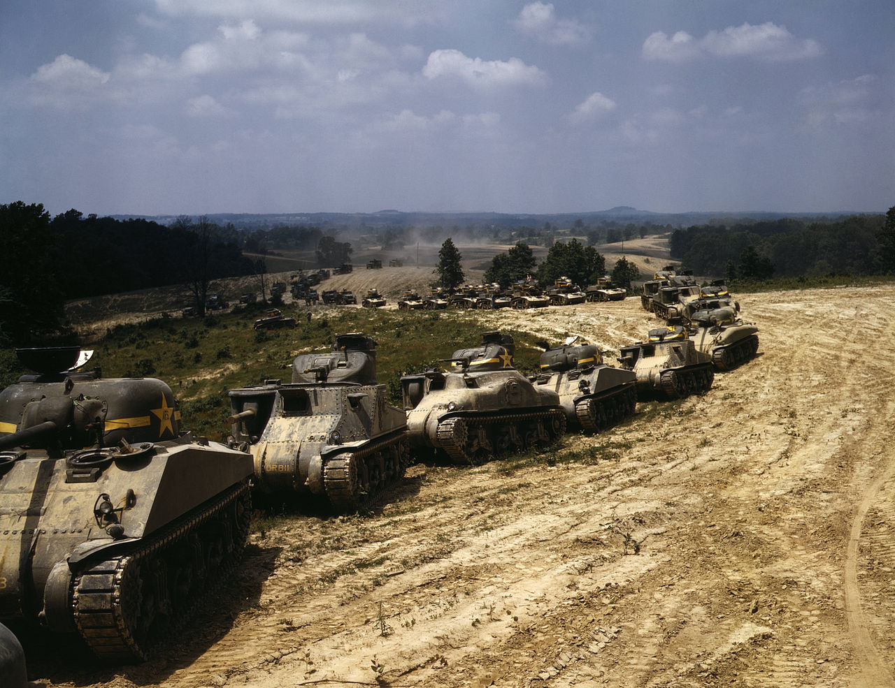 Parade of M-4 (General Sherman) and M-3 (General Grant) tanks in training maneuvers, Ft. Knox, Ky,1942