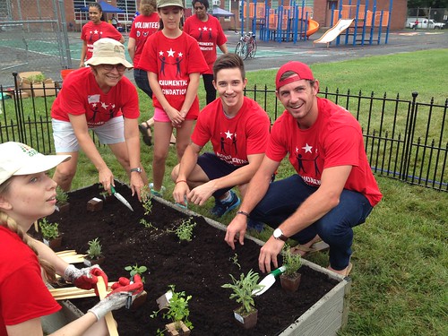 The students will plant the raised beds over the next few weeks with easy to grow cool season crops like radishes and lettuce. To get the garden growing, Washington Capitals forwards Chris Brown (right with ball cap) and Stanislav Galiev planted one of the raised beds with kid-friendly herbs that are fun to touch, taste and smell like lavender, chocolate mint, German chamomile, rosemary, parsley, lemon thyme, wild watermelon salvia, and chives. Photo by Annie Ceccarini, USDA.