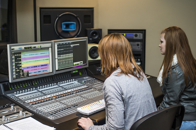 Xandria Gregory and Renee Bracken mix music in the Northeast Community College audio production lab which uses Avid ProTools. 