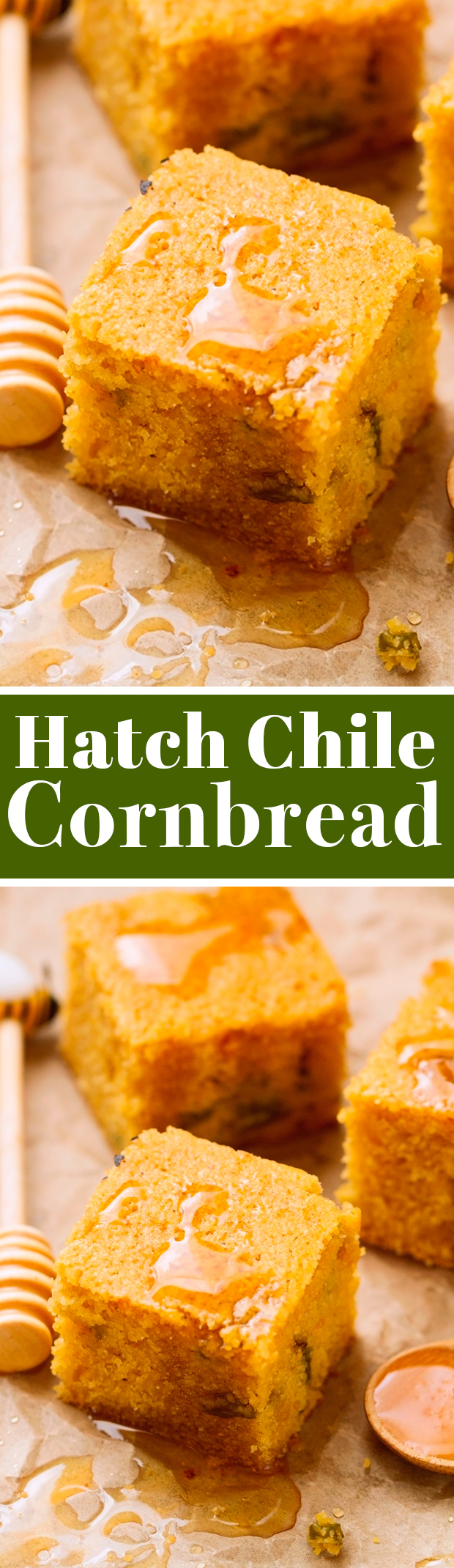 Hatch Chile Cornbread - speckled with hatch peppers but with a sweet savory feel. You're gonna be addicted! #cornbread #hatchchile #hatchchilecornbread | Littlespicejar.com @littlespicejar