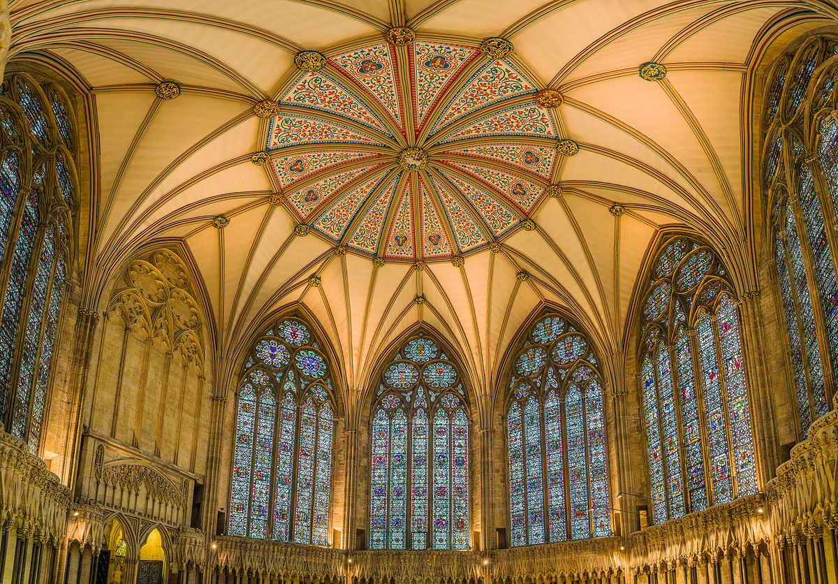 The Chapter House ceiling and stained glass. Credit David Iliff