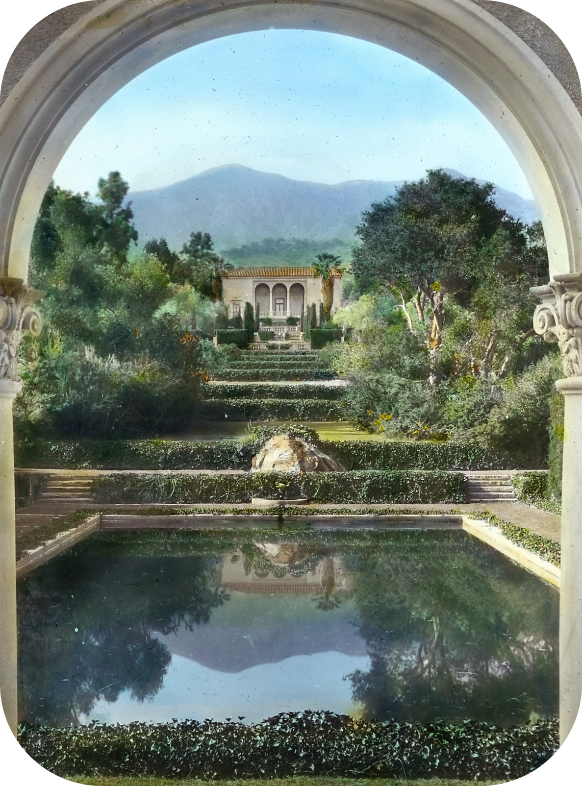 'Las Tejas,' Oakleigh Thorne house, 170 Picacho Road, Montecito, California. View from swimming pool pavilion to house