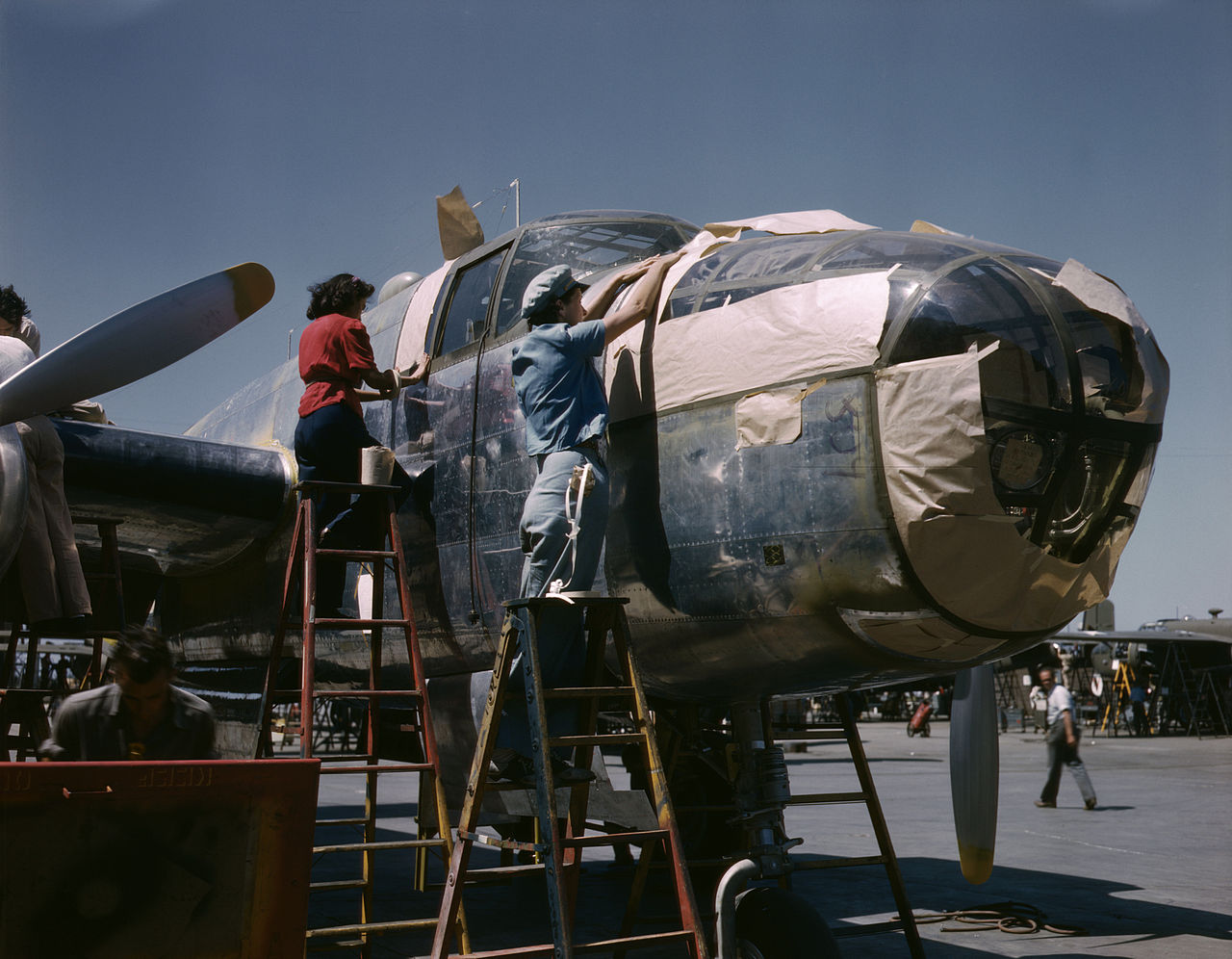 North American B-25 bomber is prepared for painting on the outside assembly line, North American Aviation, Inc., Inglewood, Calif