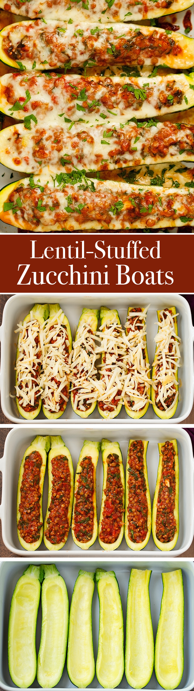 Lentil Stuffed Zucchini Boats - Less than 115 calories per boat and a whopping 8 grams of protein! These are so easy and delicous! #vegetarian #zucchiniboats #stuffedzucchiniboats | Littlespicejar.com @littlespicejar