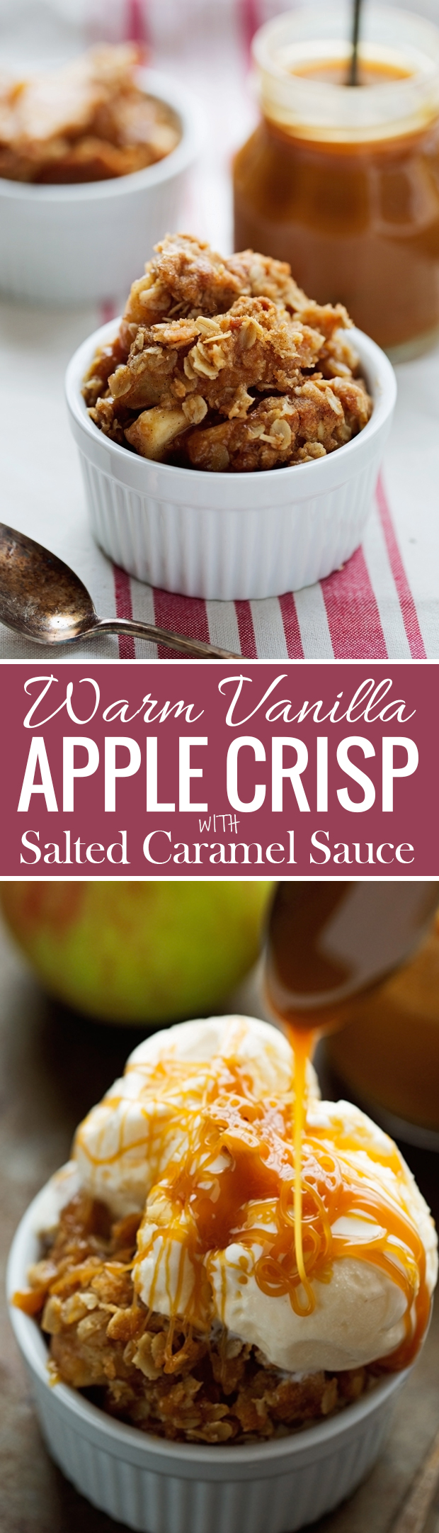 Warm Vanilla Apple Crisp with Salted Caramel Sauce - An easy alternative to baking an apple pie! Topped with a buttery oat topping, it is so good! #applepie #applecrumble #applecrisp #saltedcaramelsauce | Littlespicejar.com @littlepsicejar