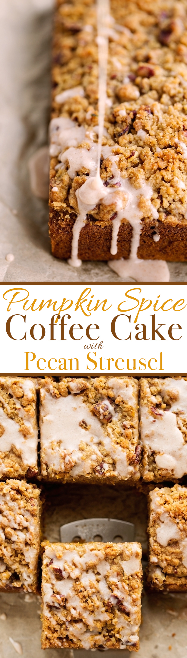 Pumpkin Coffee Cake with Pecan Streusel Topping - Loaded with sweet pumpkin spice, lightly sweeter but so moist! #pumpkin #coffeecake #pumpkincake | Littlespicejar.com