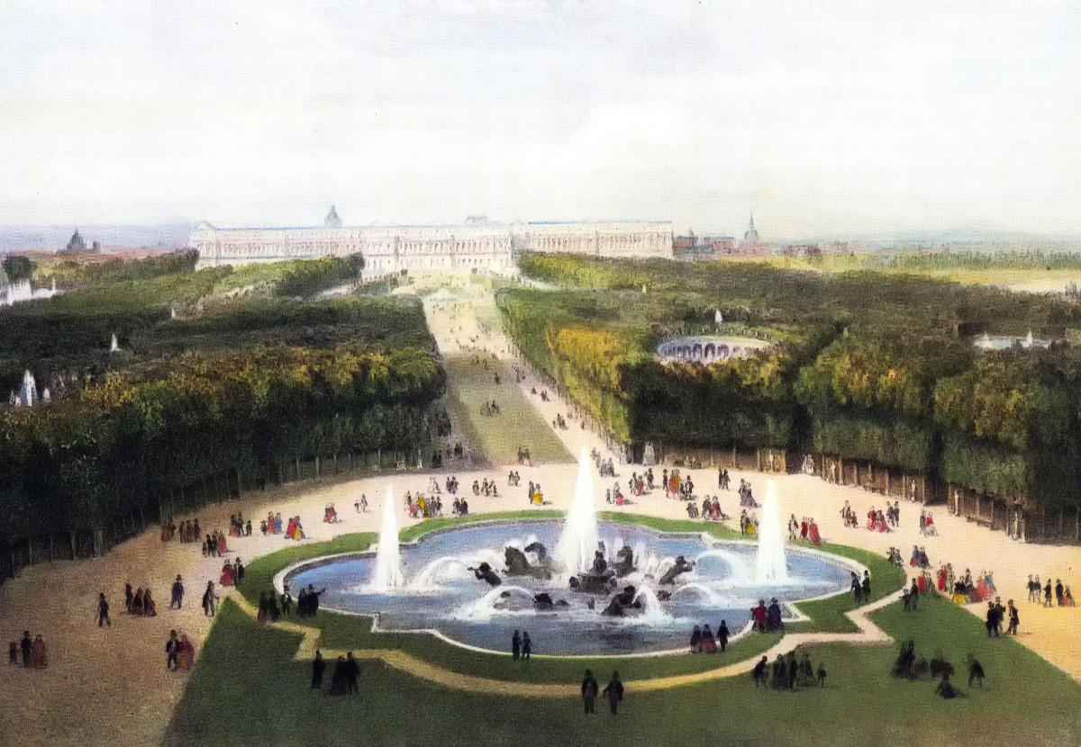 View over the palace gardens and the palace at Versailles in c.1860