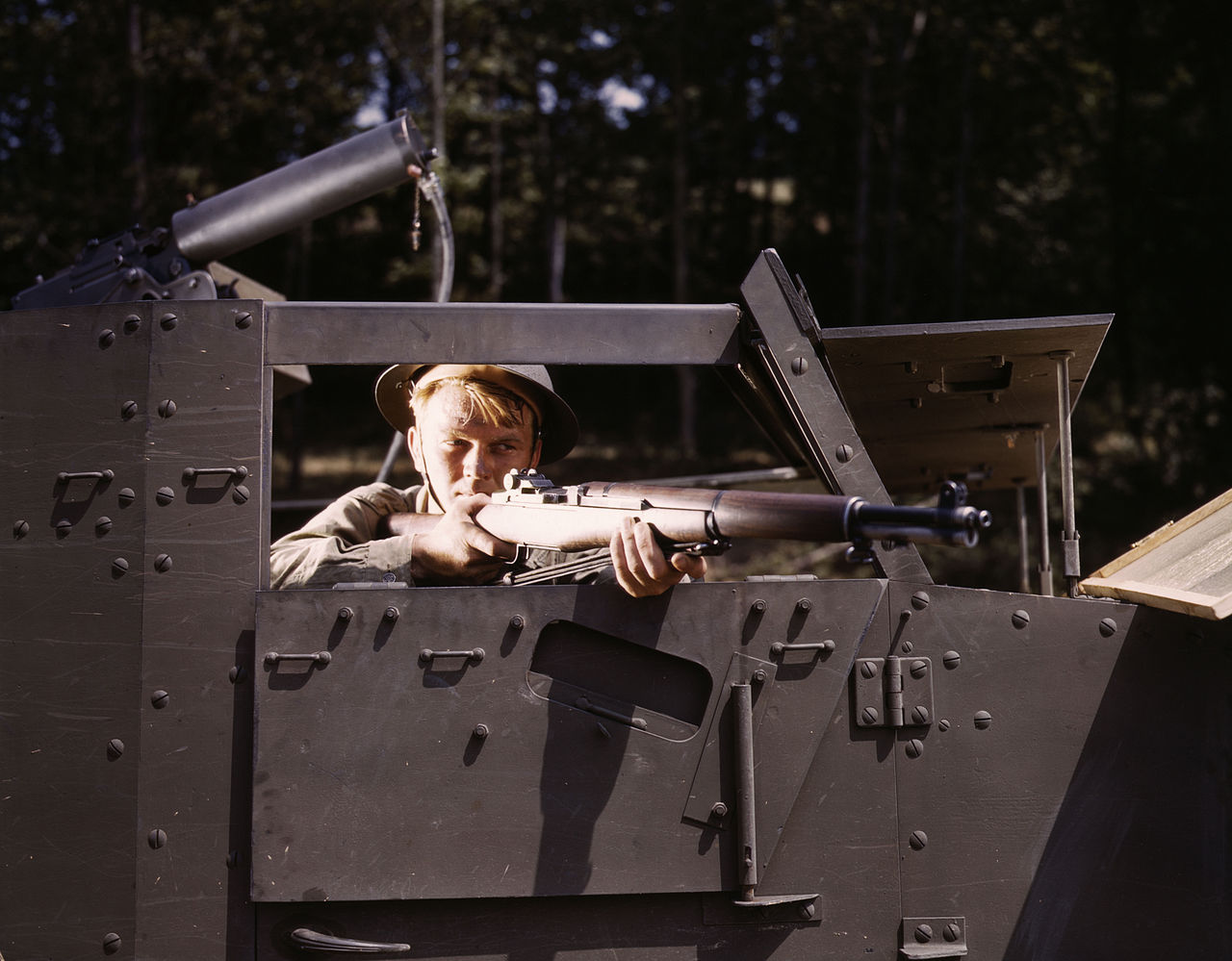 Halftrack infantryman with Garand rifle, Ft. Knox, KY, 1942