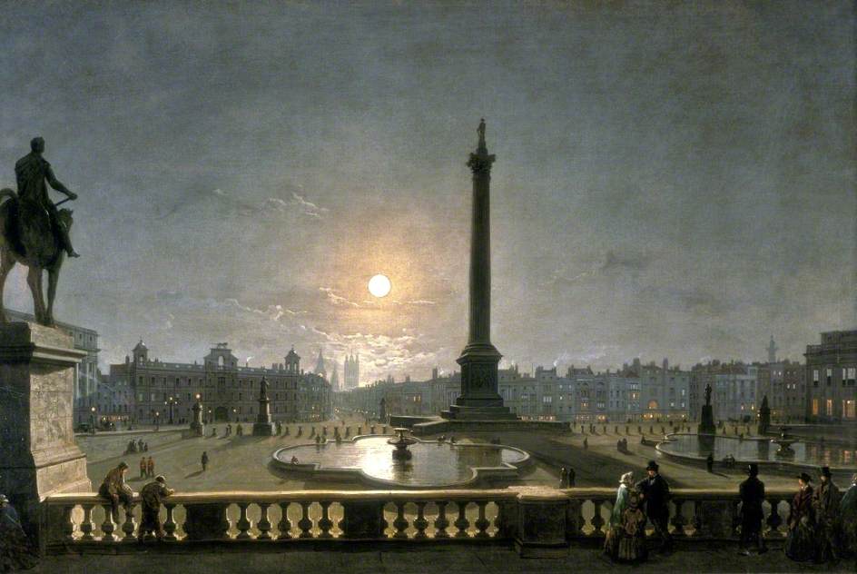 Northumberland House and Whitehall from the North Side of Trafalgar Square, London, by Moonlight by Henry Pether, 1867