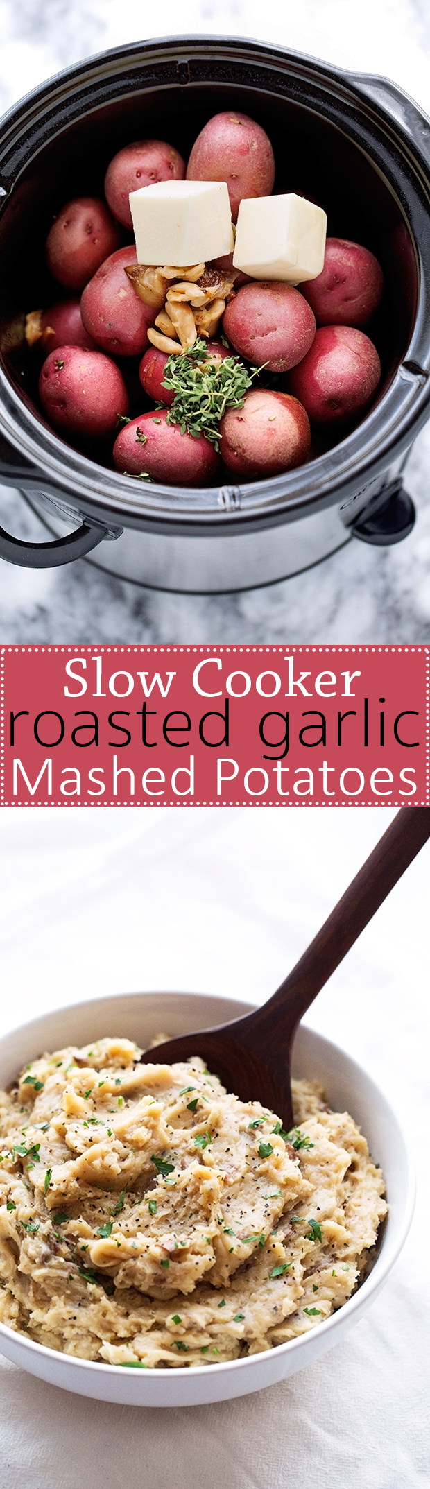 Roasted Garlic Mashed Potatoes - Learn how to make roasted garlic mashed potatoes in the slow cooker! Perfect for Thanksgiving! #slowcooker #mashedpotatoes #crockpot #roastedgarlic | Littlespicejar.com