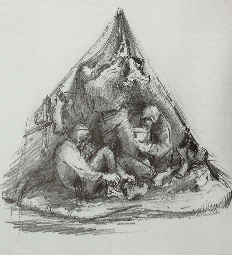 Camping after dark, pencil drawing by Edward Adrian Wilson