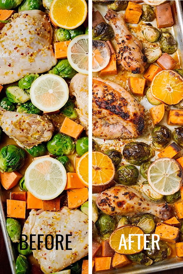 One Sheet Pan Garlic and Citrus Chicken with Brussel Sprouts and Sweet Potatoes - Tender, falling apart chicken with roasted veggies all on ONE sheet pan! #roastedbrusselsprouts #roastedsweetpotatoes #roastedchicken | Littlespicejar.com