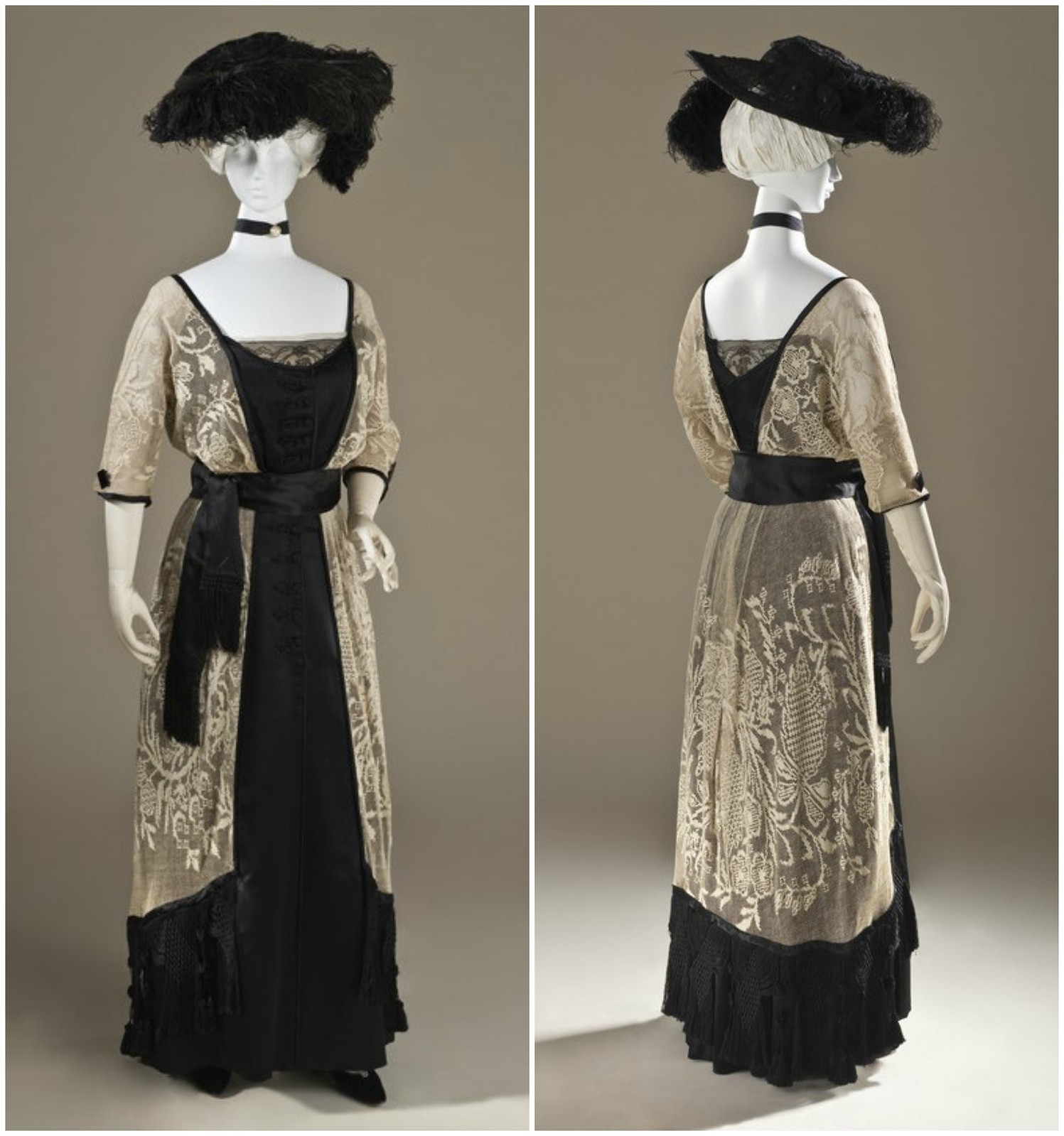 1915 Woman's Dress. Callot Soeurs. Linen lace and silk satin with silk-knotted fringe. LACMA