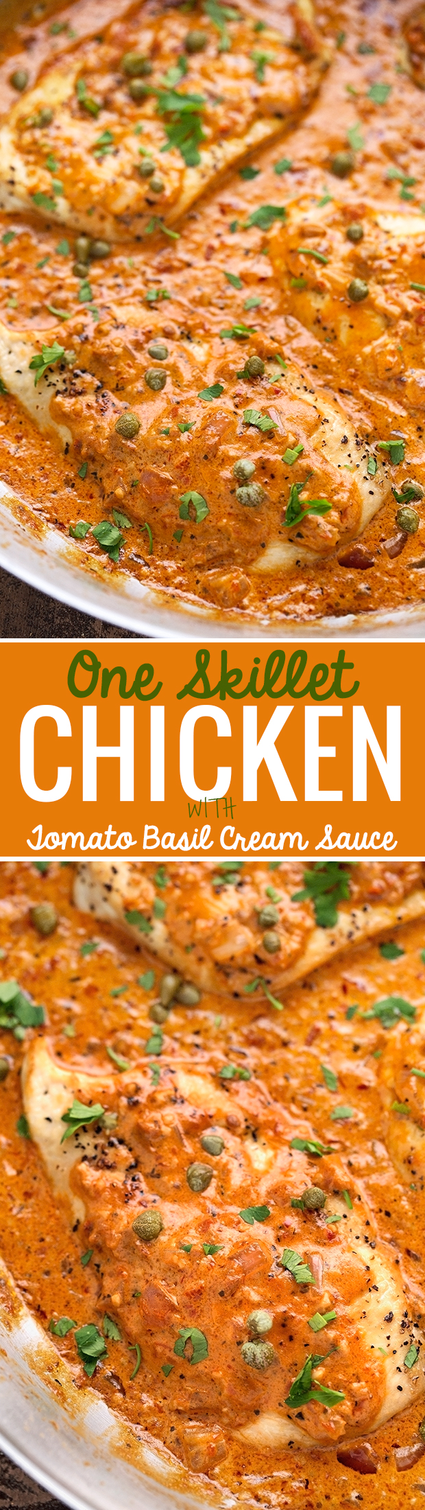 One Skillet Chicken with Tomato Basil Cream Sauce - Easy one skillet chicken dinner, ready in 30 minutes! #chickendinner #skilletchicken #roastedchicken | Littlespicejar.com