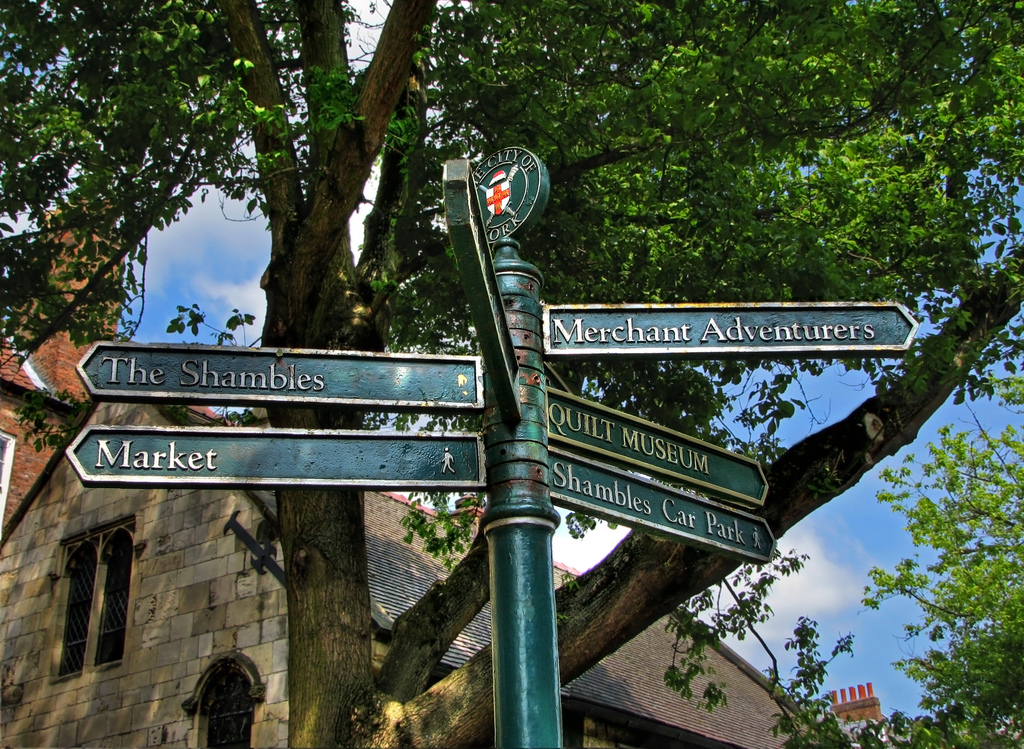 Signpost at the bottom of The Shambles. Credit Peter Whelerton