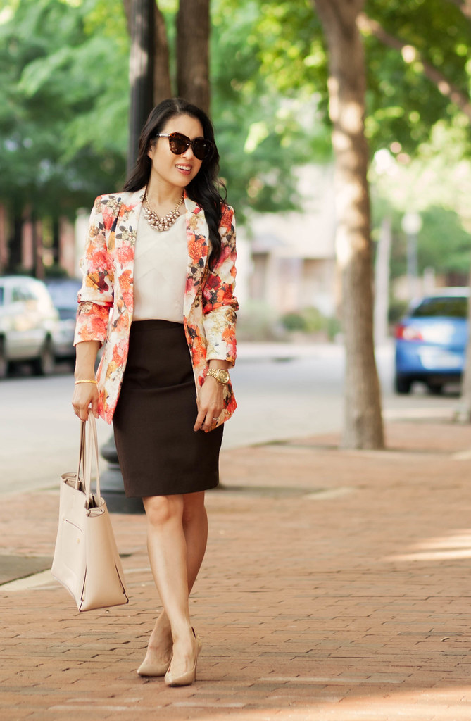 cute & little blog | petite fashion | floral blazer, white chiffon blouse, brown pencil skirt, gold pearl baubles | spring outfit