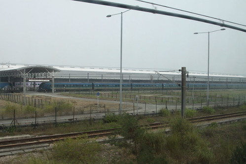 Airport Express train beside the main shed at Siu Ho Wan depot