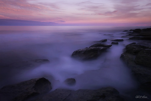 longexposure blue sunset water dark rocks purple dusk horizon fluffy colourful smoky cronulla