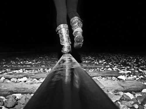 wood railroad bw white black feet night am boots time tracks nighttime stupid pathway gravel clearie