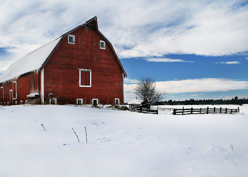 winter snow barn landscape farm bluesky redbarn