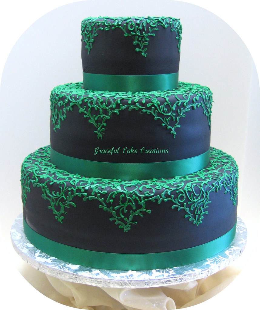 Black Fondant Wedding Cake with Emerald Green Lace Design