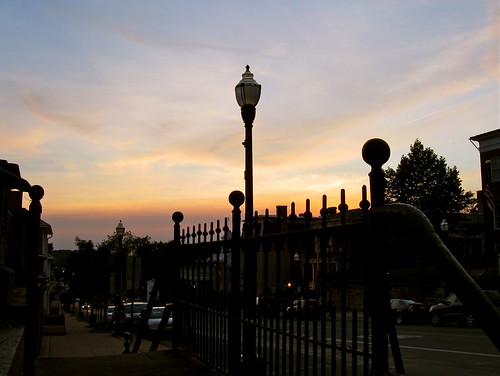 street old sunset ohio sky silhouette clouds town twilight iron downtown sundown main small lamppost lancaster railing wrought