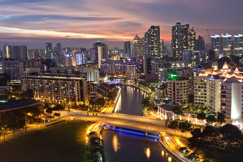 sunset skyline night lights hotel singapore long exposure view