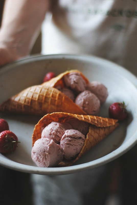 Strawberry Ice Cream + Almond Waffle Cones/Bowls