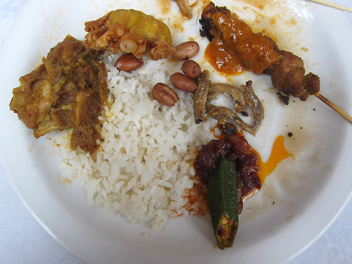 Nasi Lemak, Chicken Rendang, Satay, Fried Wonton, Sambal Okra