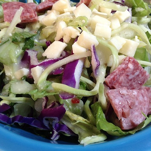 And dinner. Is it sad I want to pick the salami & cheese out? ☺️ We picked up these small bagged salads for $2 at Sprouts to try. So far so good!