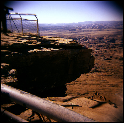 park camera red cliff 120 6x6 film rock stone square geotagged toy utah holga xpro crossprocessed xprocess sand sandstone fuji photographer view desert nps crossprocess south grand east plastic southern national canyonlands vista moab shooting medium format 100 np southeast railing xprocessed needles overlook overlooking fujichrome railings canyons overhang astia southeastern bransen 120tlr nospringchicken samuelsen xproed