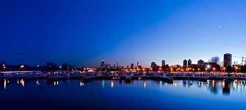 longexposure sunset moon chicago skyline night reflections lights harbor nikon cityscape pano panoramic lincolnpark diverseyharbor d3000
