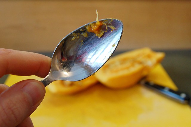 Grapefruit spoon makes quick work of squash seeds by Eve Fox, Garden of Eating blog copyright 2011