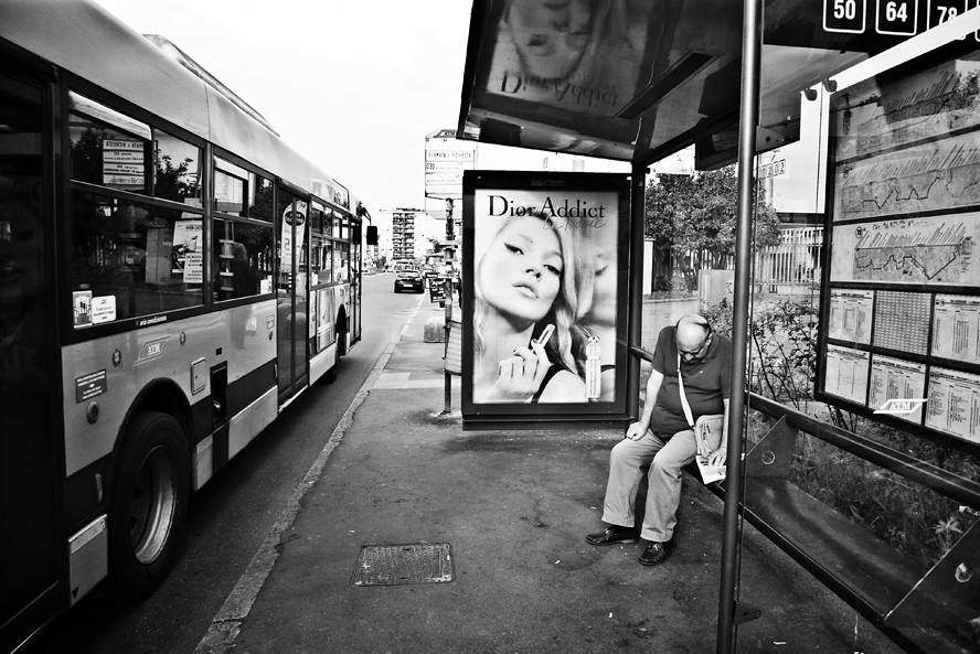 bus stop on Via Lorenteggio, west Milan, for buses that go past San Siro Stadium