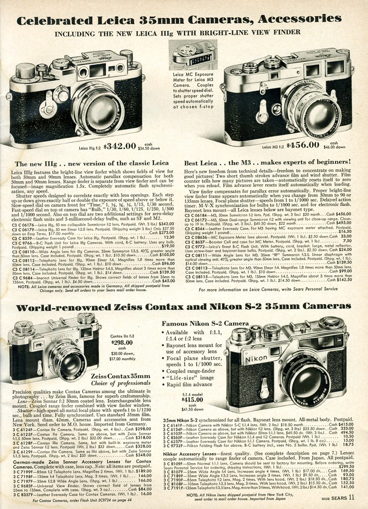 1958 Sears: Leica IIIg, Leica M3, Zeiss Contax IIa IIIa, Nikon S2
