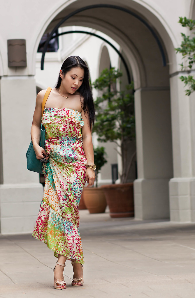 cute & little blog | petite fashion | multicolor maxi dress, bow strap heels, teal tote | spring summer fashion