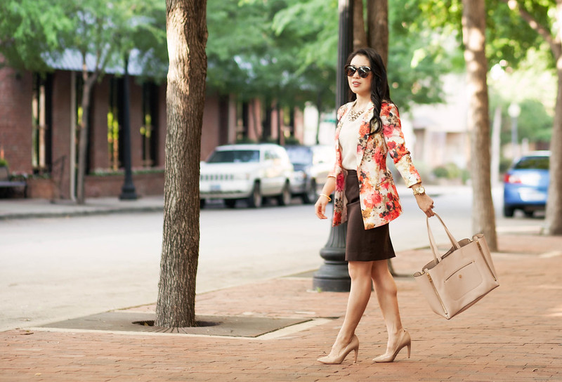 cute & little blog | petite fashion | floral blazer, white chiffon blouse, brown pencil skirt, gold pearl baubles | spring outfit