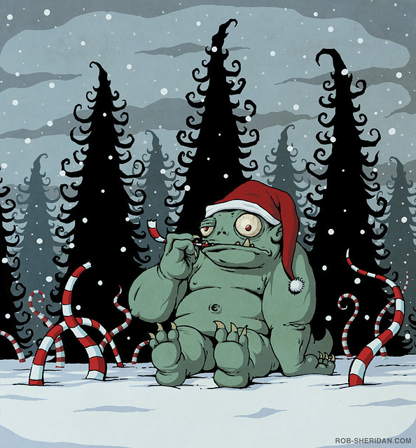 An illustration of a cute but ugly monster sitting in a weird and twisted snowscape eating a candycane broken off a nearby tentacle