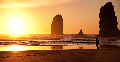 ocean sunset sea reflection beach scale water rock oregon stack size pacificocean shore ponder cannonbeach sihouette