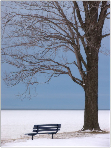 blue winter ohio white snow ice lakeerie parkbench stormyskies genevatownshippark