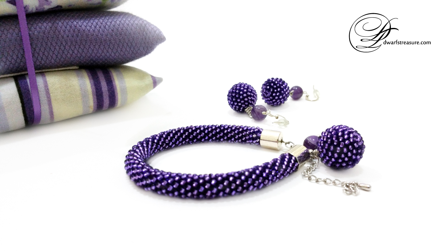 One of a kind purple beaded crochet bracelet and earring set with lavender sachets 