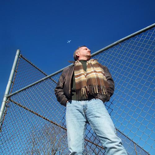 gay portrait sky selfportrait man scarf fence beard jeans leatherjacket saltandpepper project365 davidsullivan davidnewengland