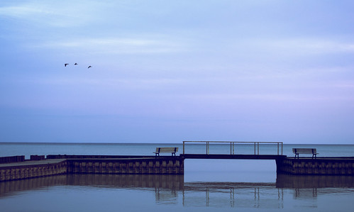 ocean bridge sunset sky lake water birds bench peace peaceful calm serenity