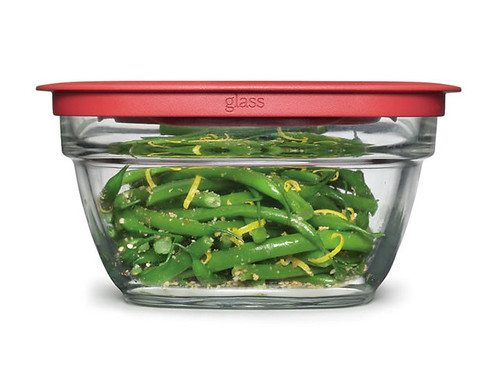 Glass food storage container with Easy Find Lids