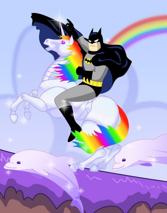 Cartoon of Batman, dolphins, rainbows and a robot unicorn